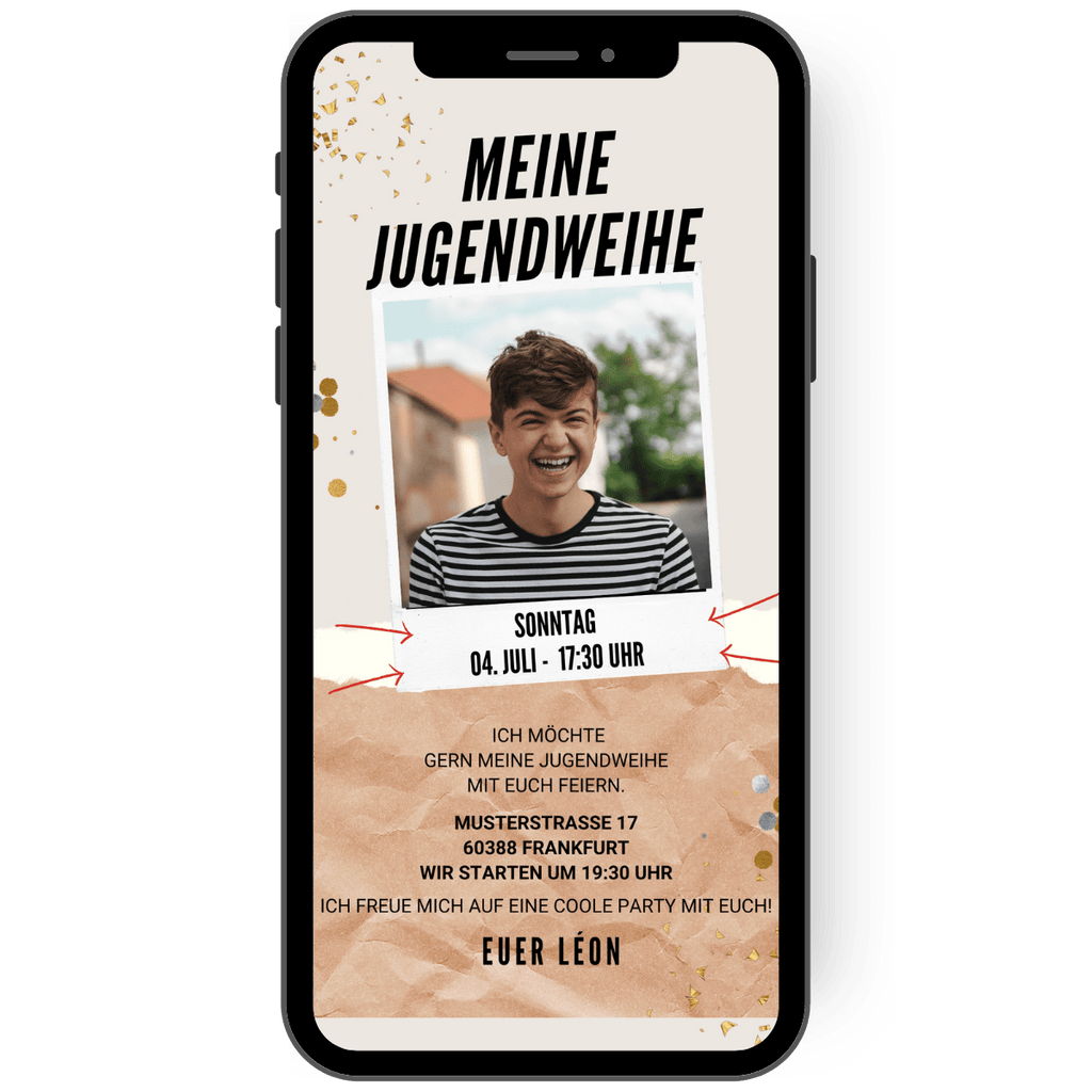 eCard - Einladung zur Jugendweihe - mit Foto - Konfetti - Papier - Beige - Hell - Gold und Silber - WhatsApp