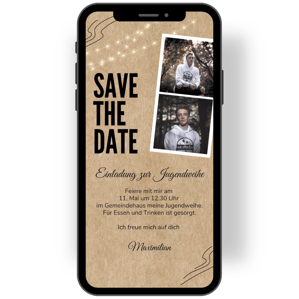 Save the Date Jugendweihe - mit Foto - eCard - Einladung - Kraftpapier - Lichterkette - Einladungskarte - WhatsApp