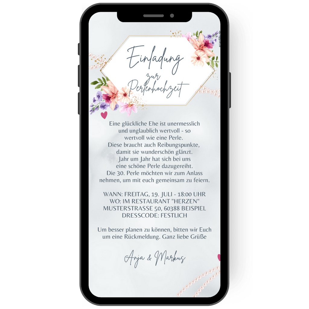 Digitale Einladung zur Perlenhochzeit mit Perlen und floralen Elementen