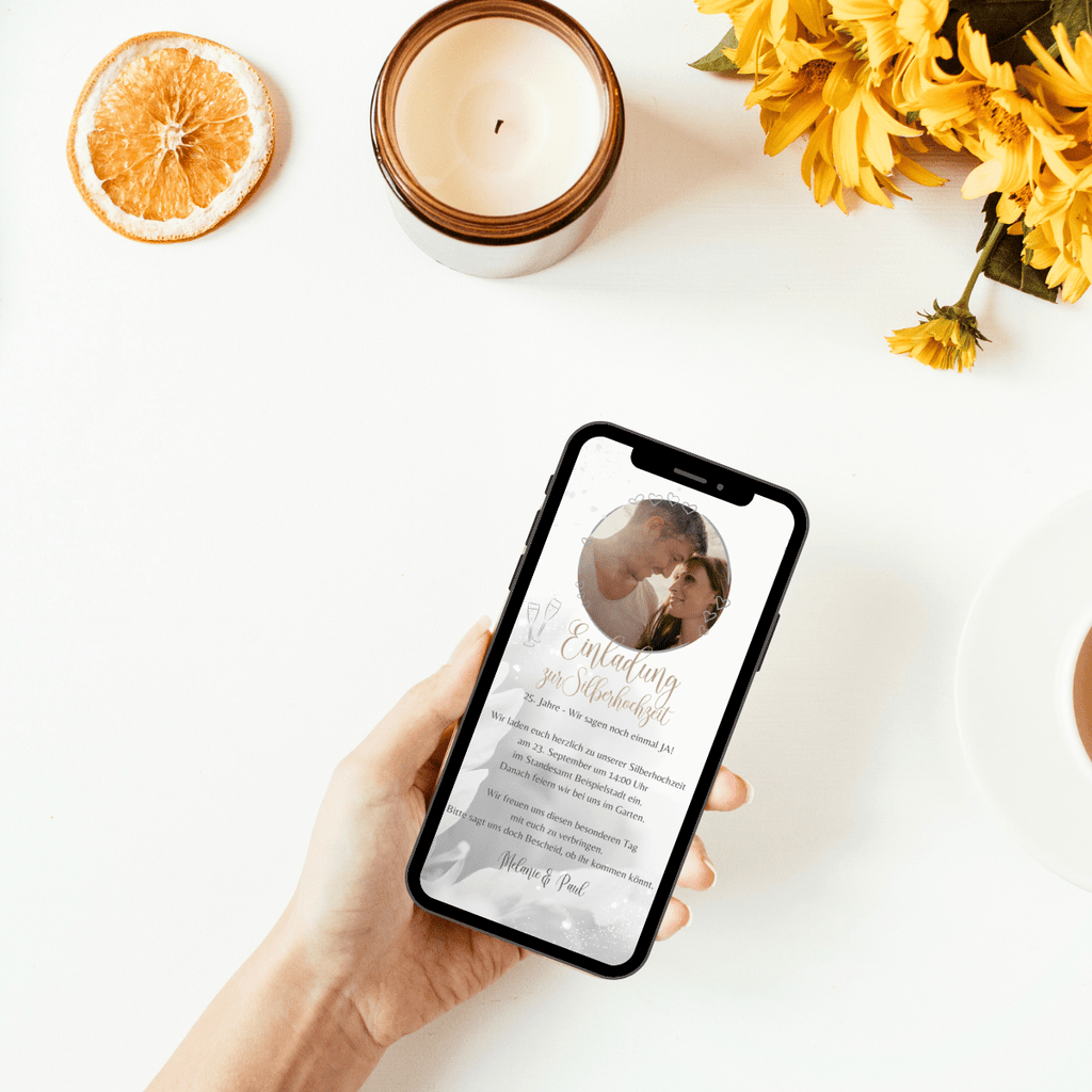 digitale Einladung zur Silberhochzeit in silber grau weiss mit Foto und Herzen