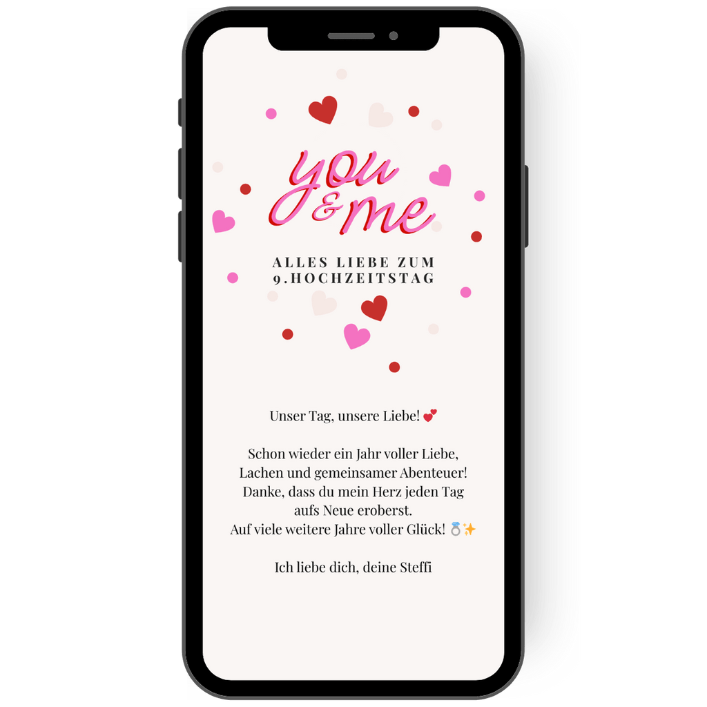 Digitale Glueckwunschkarte zur Hochzeit whatapp mit Herzen you me