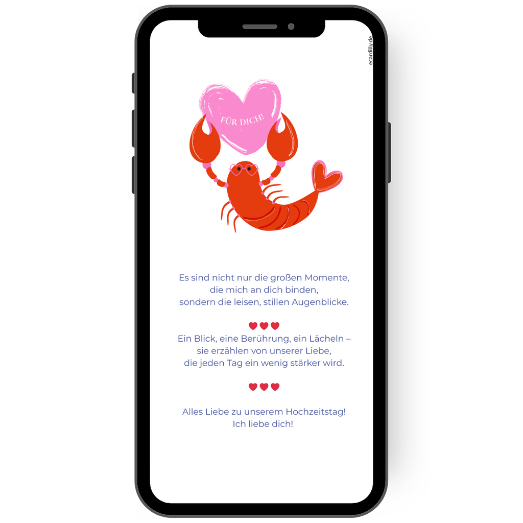 Digitale Karte mit Glueckwunsch zum Hochzeitstag mit Hummer und Liebesbrief