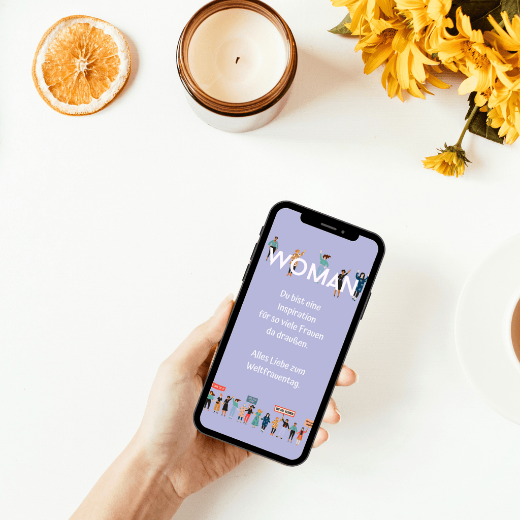 Digitale WhatsApp Grusskarte zum Weltfrauentag mit persoenlichem Wunschtext