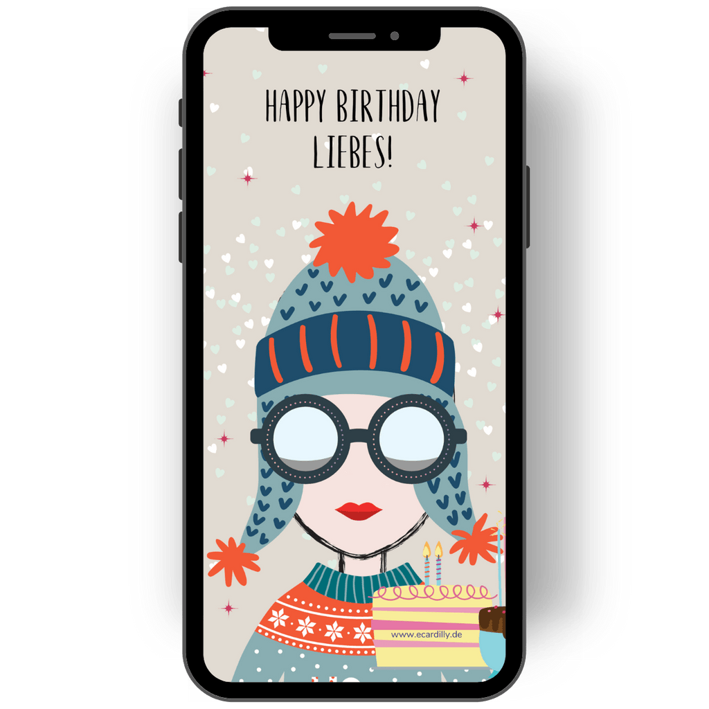 Happy Birthday Liebes steht auf dieser eCard. Auf dem Bild ist ein Geburtstagsfrollein in einem dicken Winterpulli und mit einer dicken Wollmütze zu sehen - die Interversion der beliebten eCard im eCARDILLY-Onlineshop de