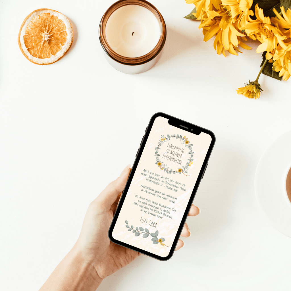 eCard - Einladung zur Jugendweihe - schöne eCard mit einem Eukalyptus und Blumenkranz - Beige - gelbe Blumen - Einladung - WhatsApp