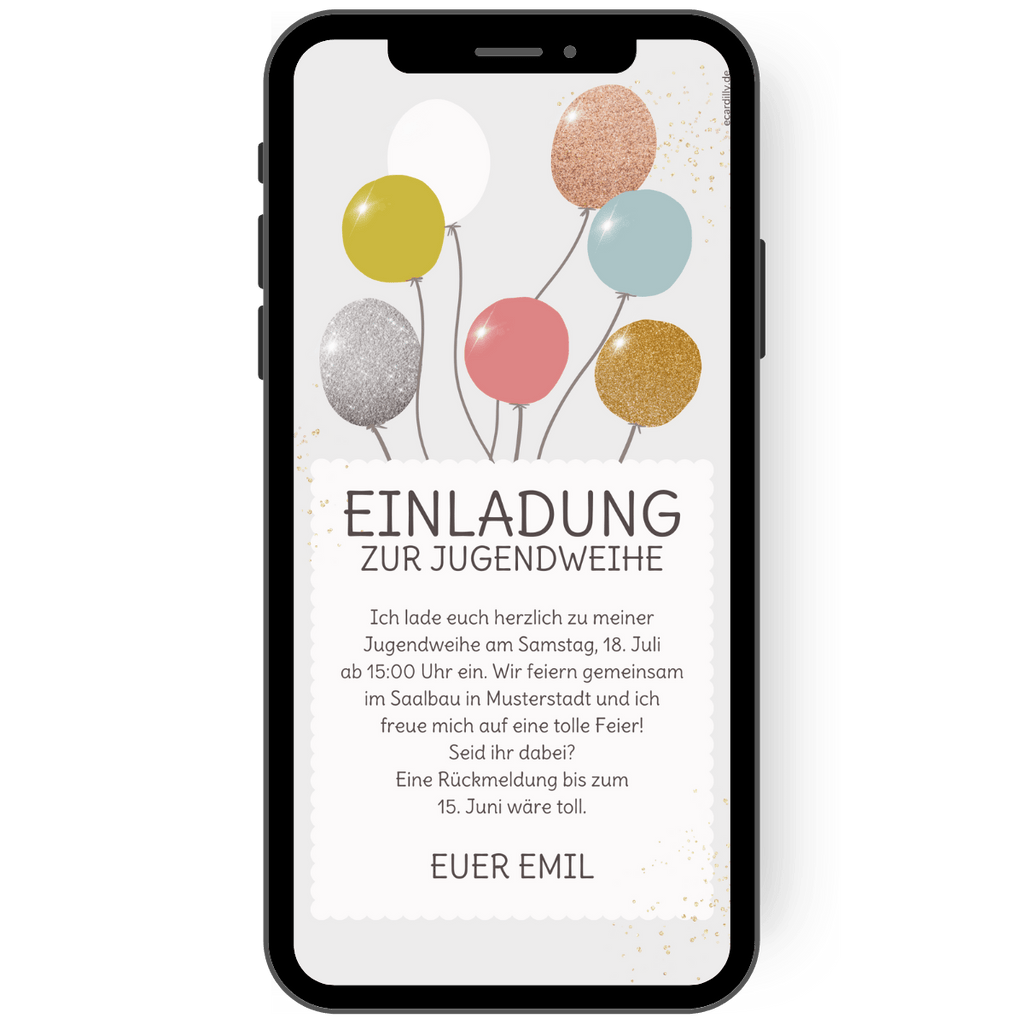 Moderne edle Einladung zur Jugendweihe mit Luftballons und goldenen Elementen