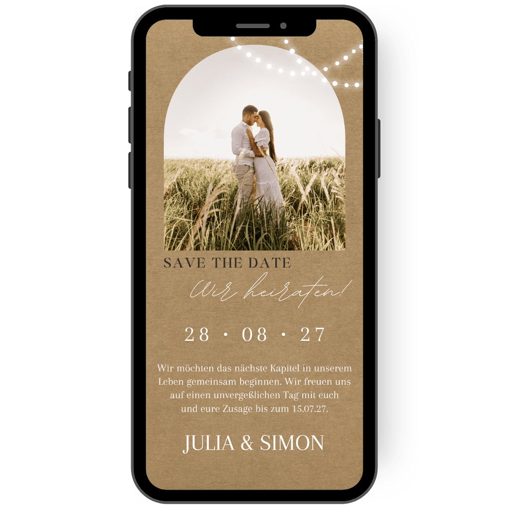 Romantisch schöne Save the Date Karte zur Hochzeit mit Kraftpapier und Foto