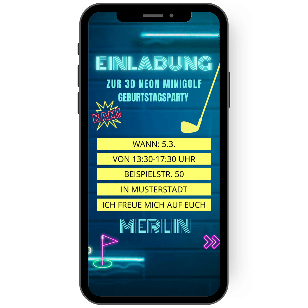 eCard - Einladungskarte zum Geburtstag - Neon - Minigolf - 3D - Party - Blautöne  - Geburtstagseinladung