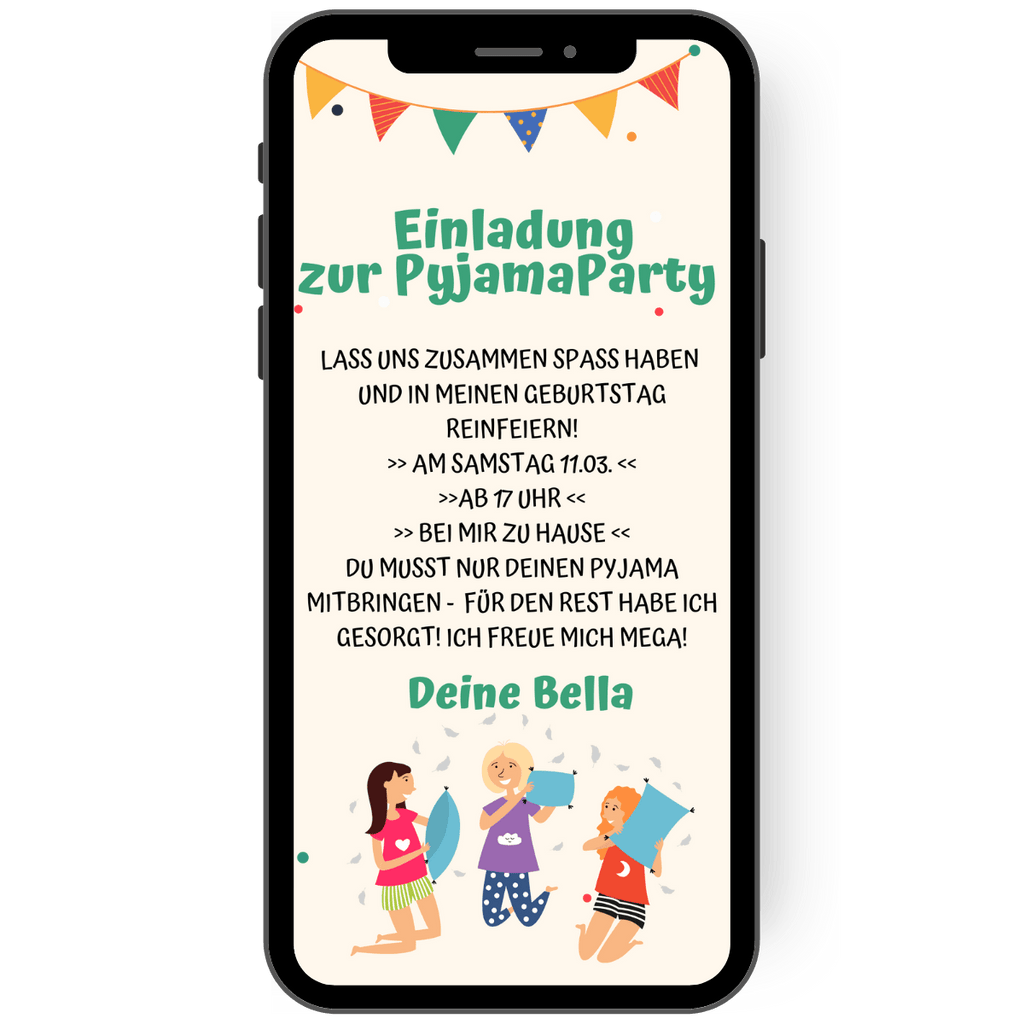 Pyjama Party - Lass uns Feiern ! - eCard zur Geburtstagsparty - Kissenschlacht - Einladungskarte - Kindergeburtstag - Bunt