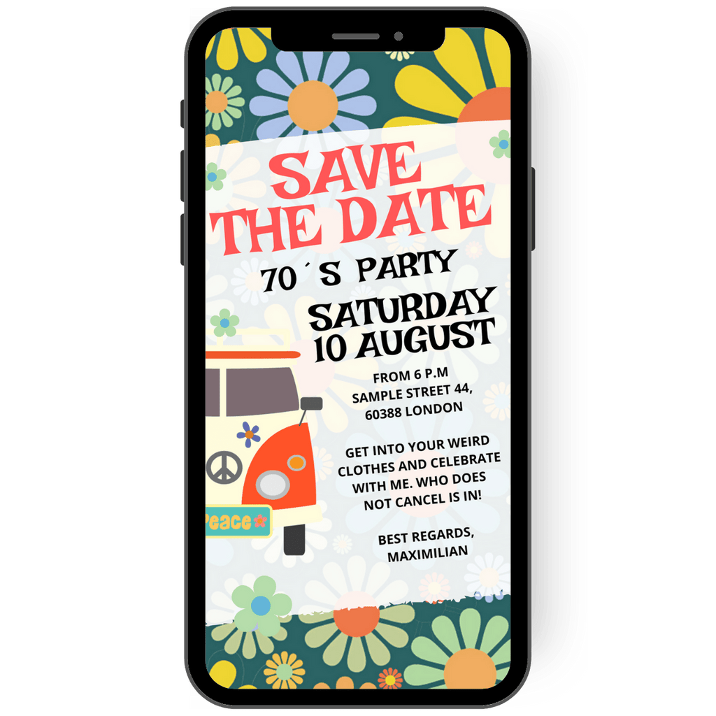 Hippy flowers, an old van, peace signs: This invitation and its font are designed and created in the spirit of the 70s. As a save the date variant or as an invitation card for your theme party and birthday
