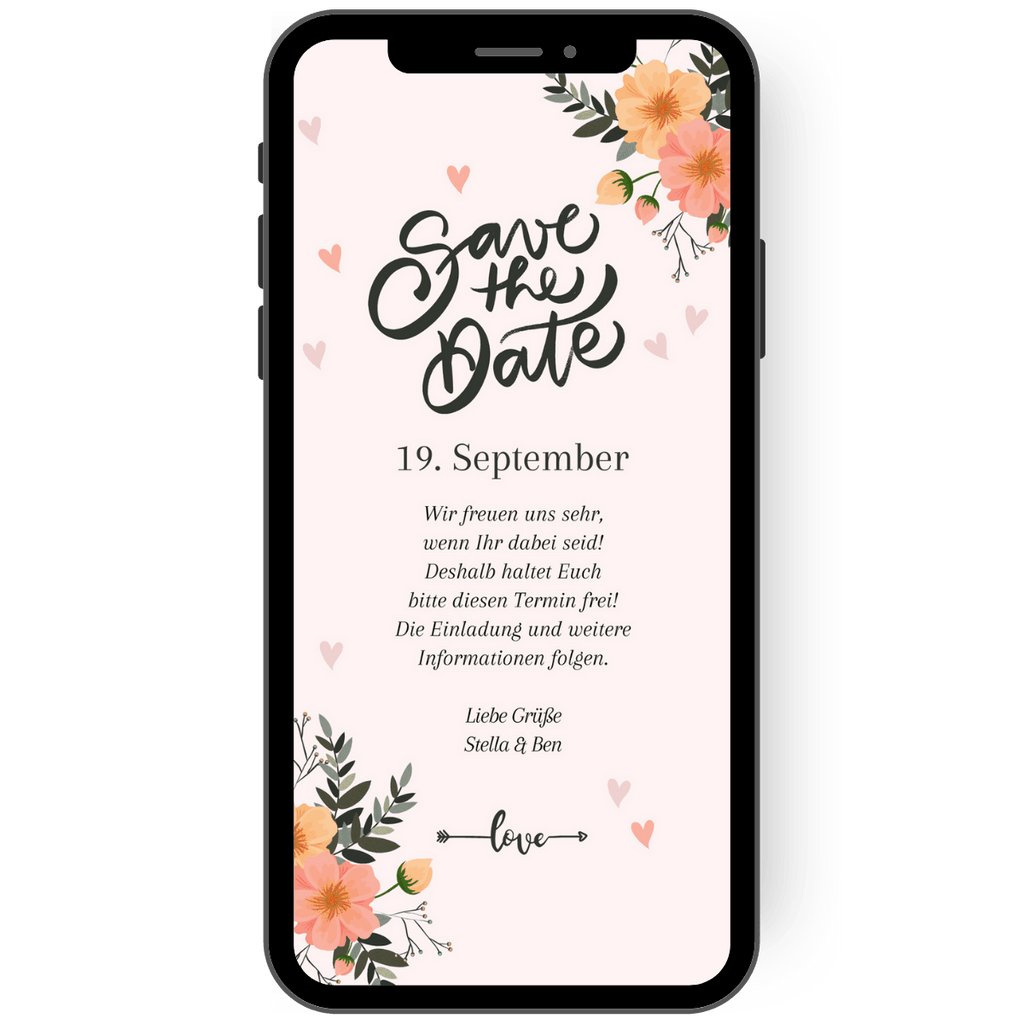 Save the Date Karte zur Hochzeit mit Blumen und Kalligraphie