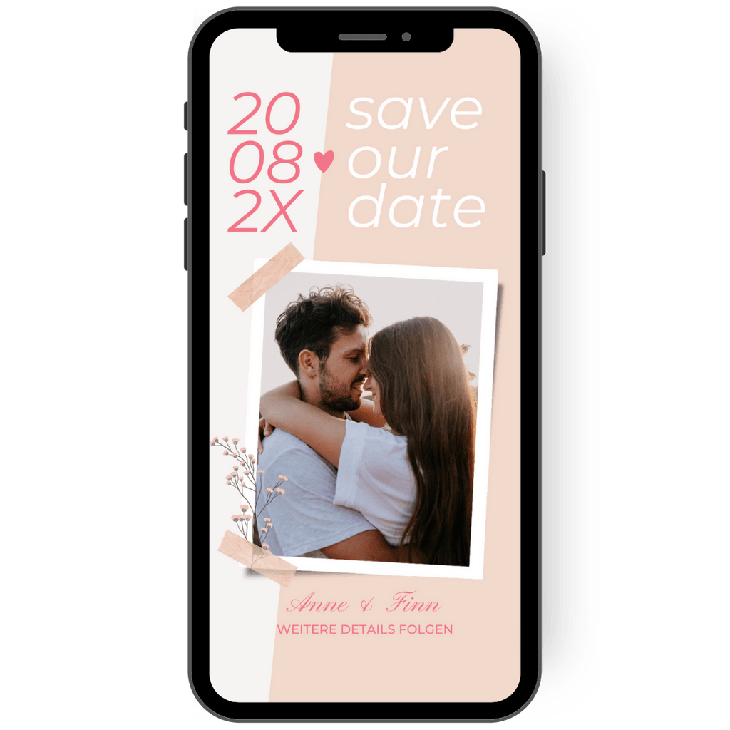 WhatsApp Save the Date Karte zur Hochzeit mit Foto und zartem Schleierkraut