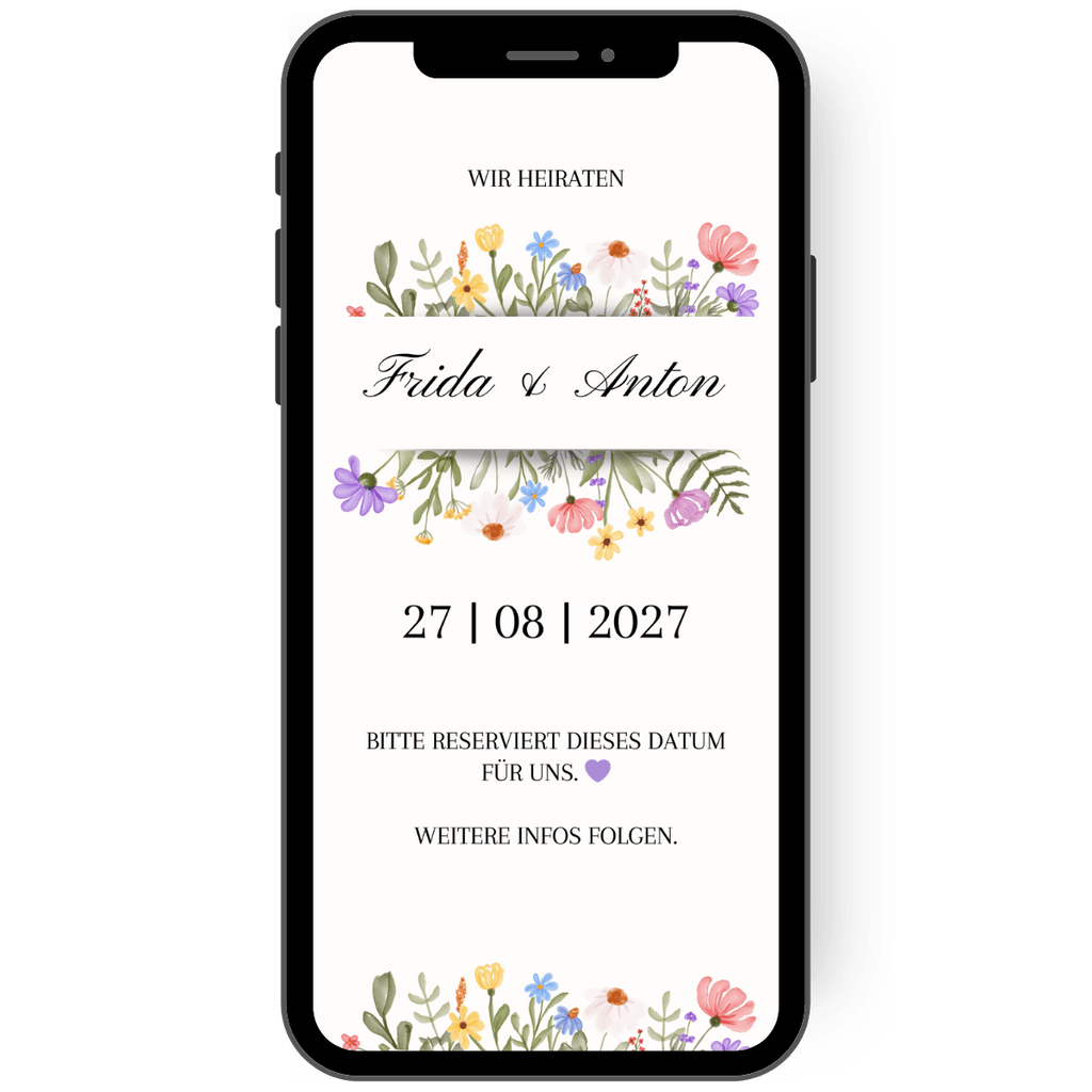 Edle Save the Date Karte zur Hochzeit mit buntem Blumenbouquet