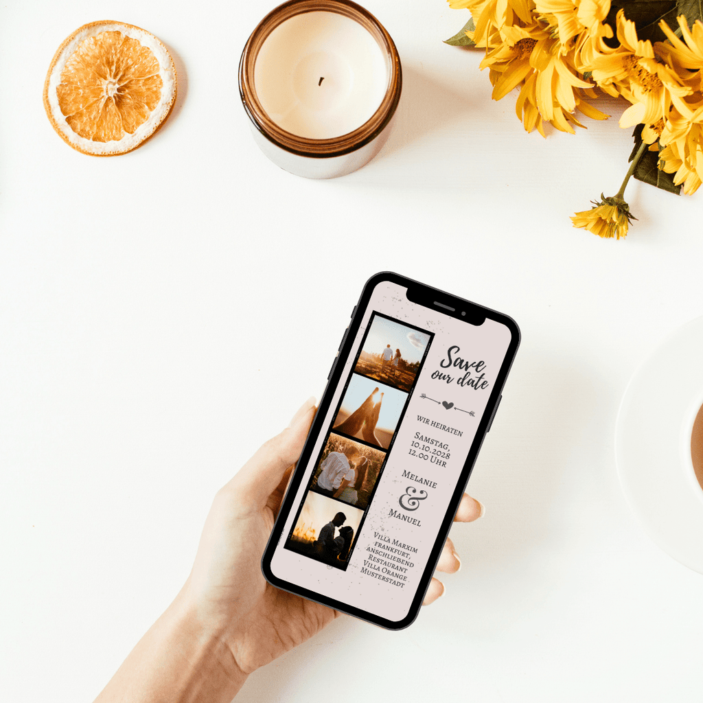 Terminankündigung für die Hochzeit mit vier Fotos des Paares in schwarz-weiß, daneben stehen alle wichtigen Infos zur Hochzeit als save the date - Ankündigung