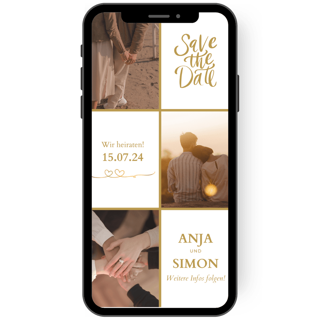 Wunderschöne save the date hochzeit karte mit fotos in braun gold