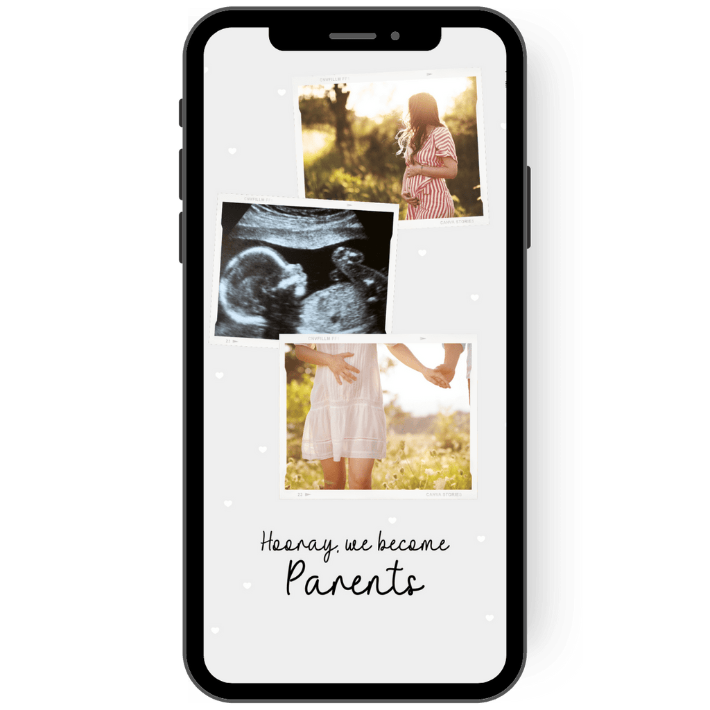 Card to announce your pregnancy. Digital card with three photos and a lovely background with little hearts.