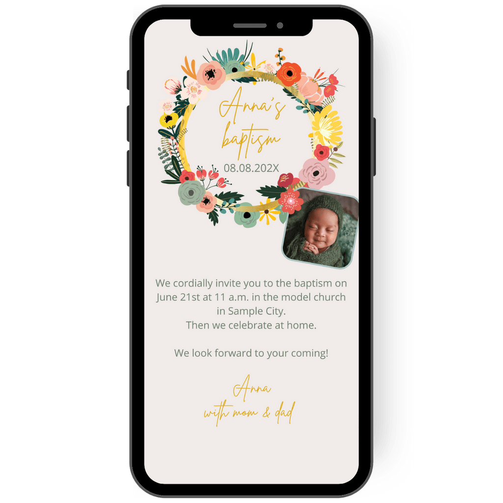 Christening invitation card. Colorful floral wreath with photo. eCard in pink and yellow.