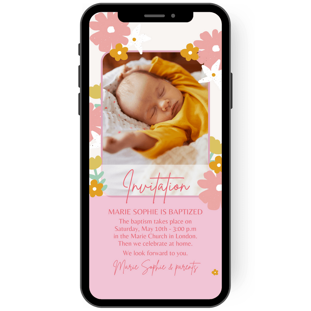 Great christening invitation card with flowers in pink, yellow and white. With this paperless invitation card you can invite digitally with your smartphone.