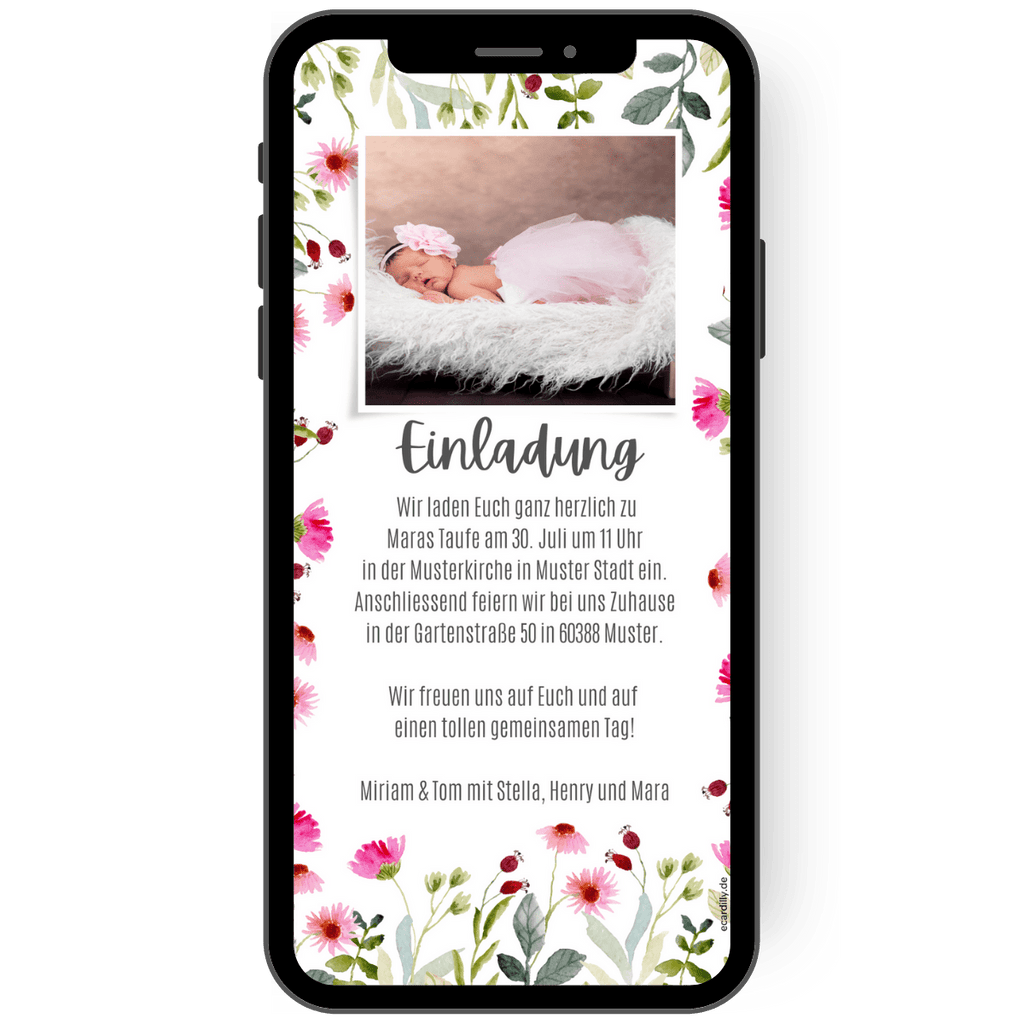 Digitale Taufeinladung mit Foto und pinken kleinen Blumen