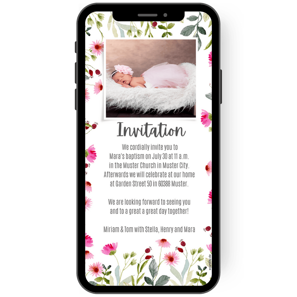 Digital christening invitation with photo and small pink flowers