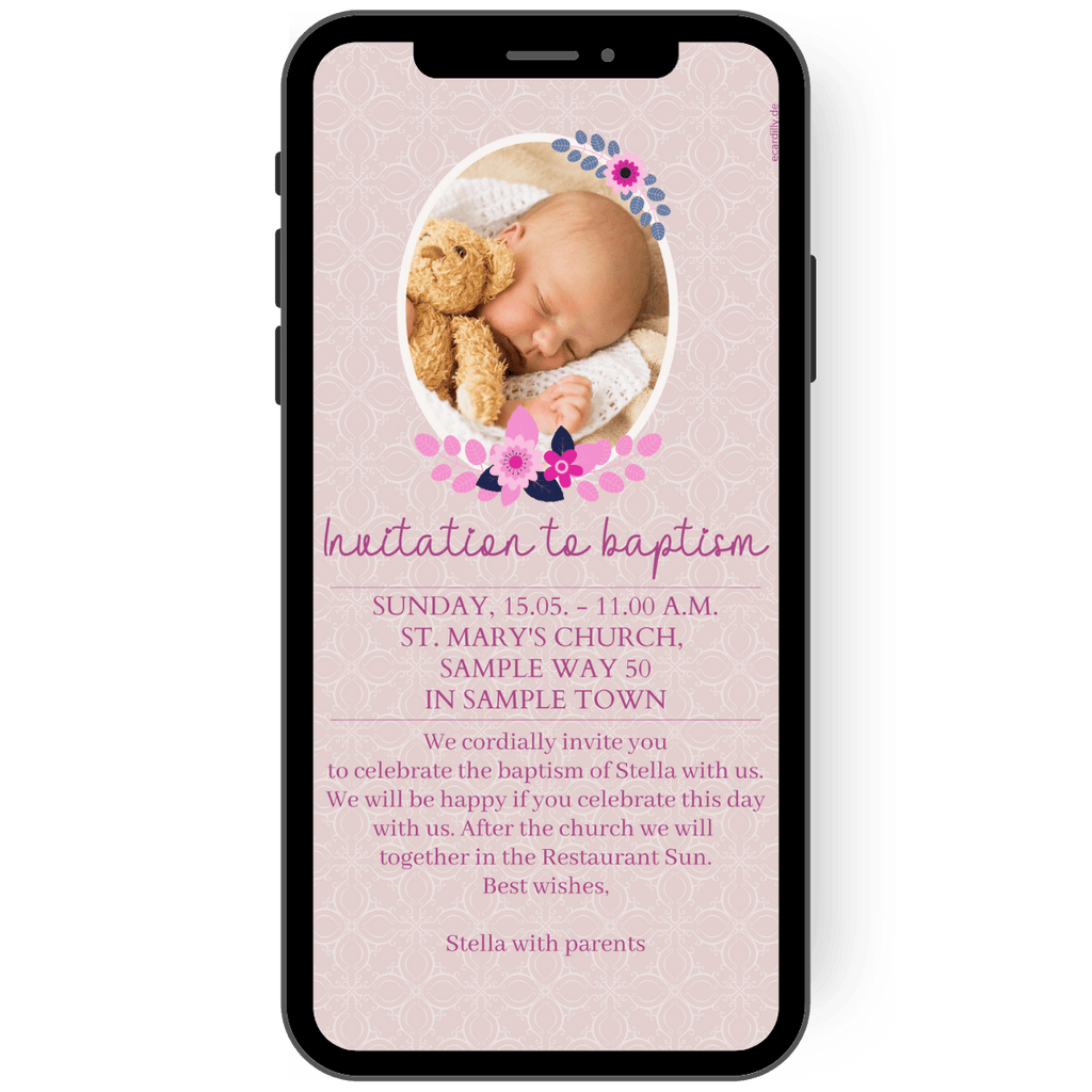 Christening invitation card in pink with flowers and a subtle pattern in the background. Invitation card with photo for christening.