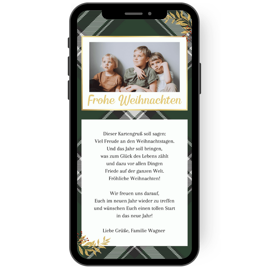 Wunderschöne weihnachtliche WhatsApp Karte mit Foto und weihnachtlichem Muster in grün