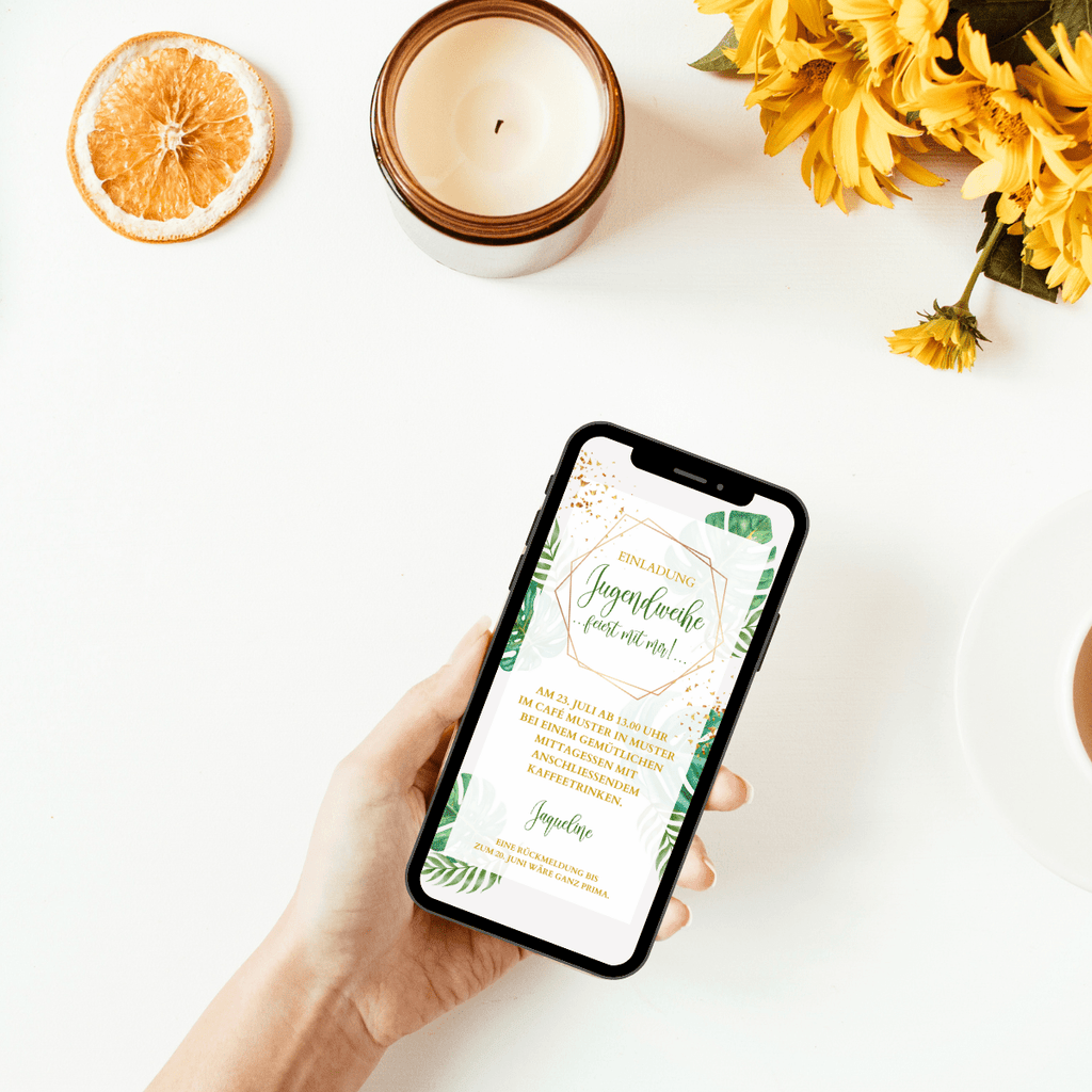 Einladungskarte zur Jugendweihe in grün gold floral