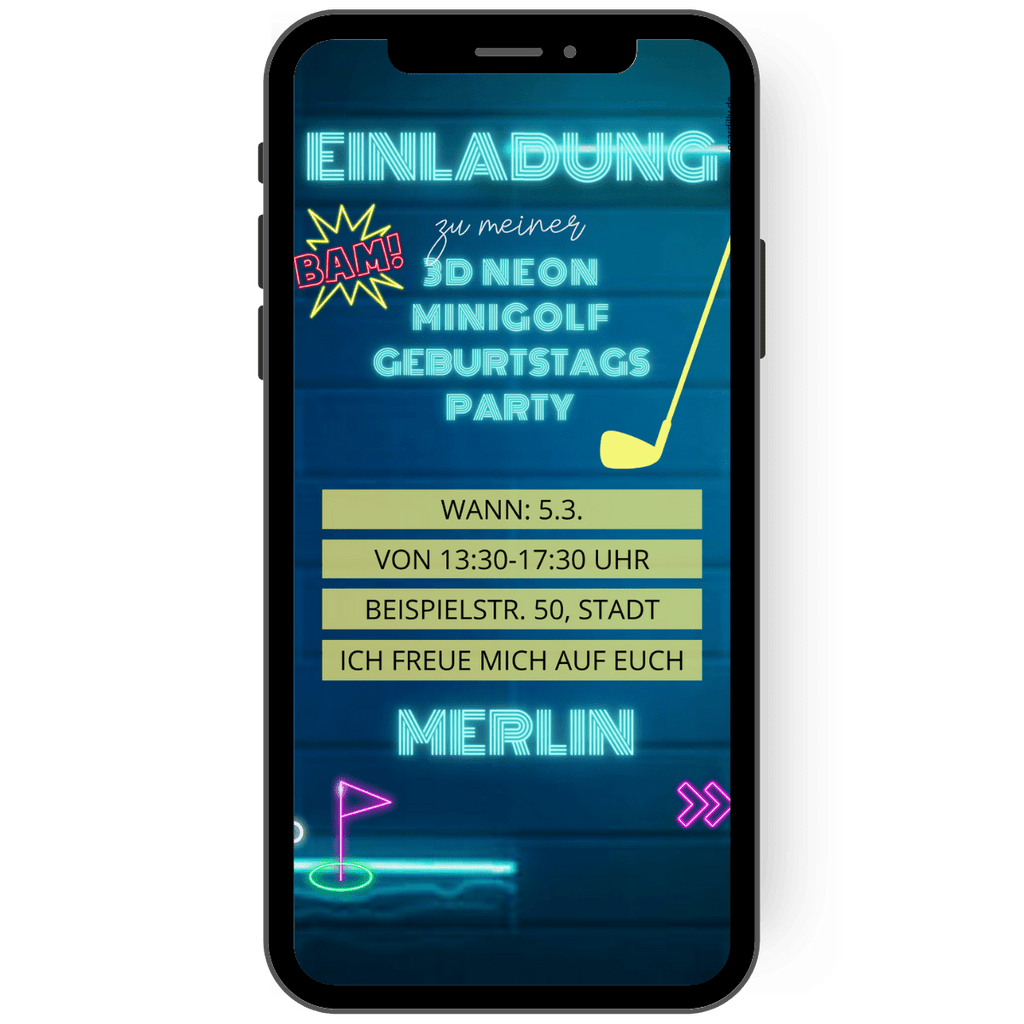 eCard - Einladungskarte zum Geburtstag - Neon - Minigolf - 3D - Party - Blautöne  - Geburtstagseinladung