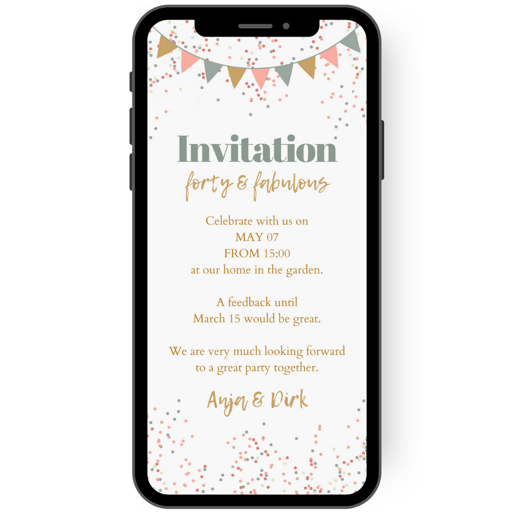 Birthday party invitation, forty and fabulous in pastel colors with pennant chain and confetti, as eCard for WhatsApp