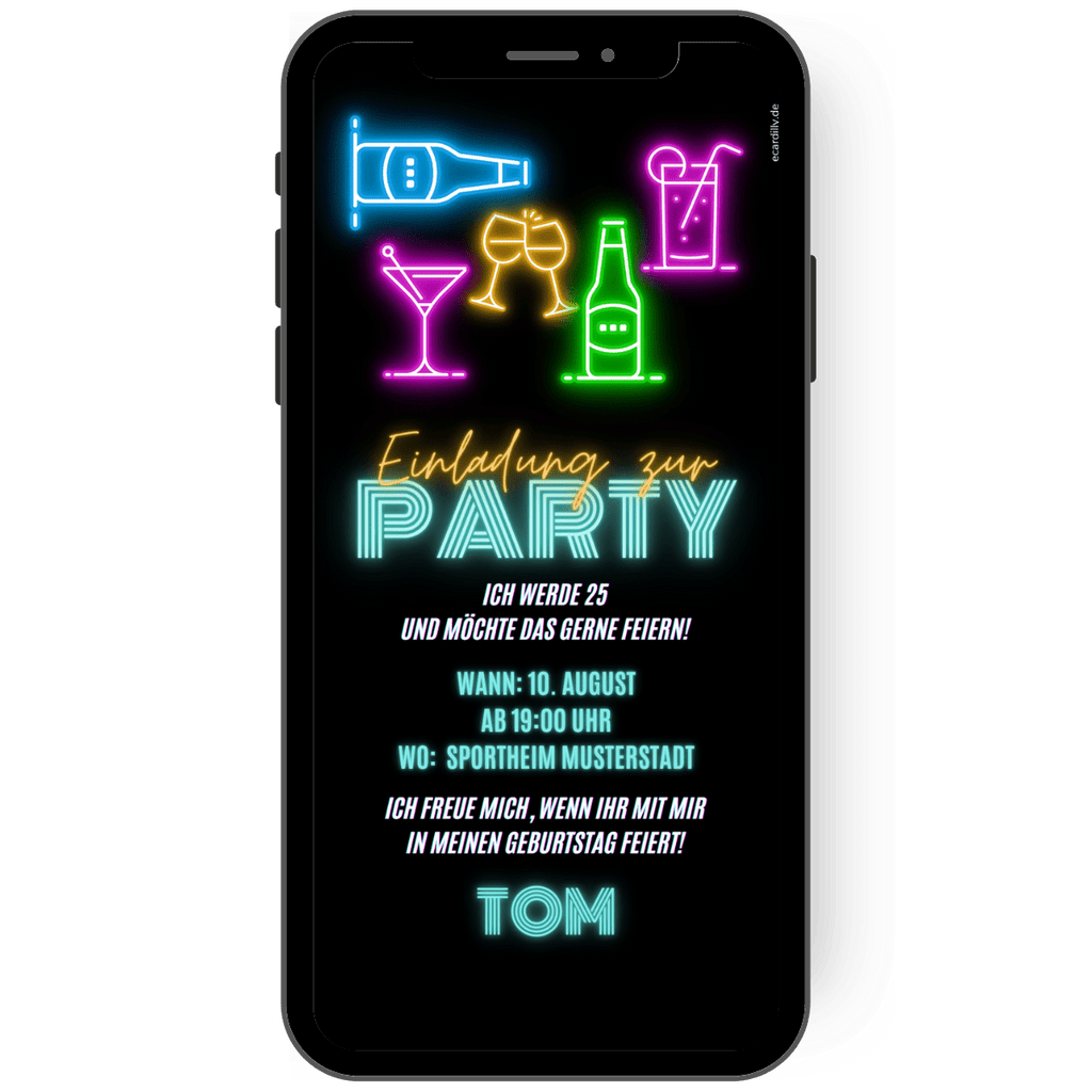 Tolle digitale Einladungskarte für WhatsApp in schwarz mit Neonbuchstaben
