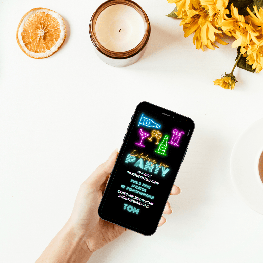 Tolle digitale Einladungskarte für WhatsApp in schwarz mit Neonbuchstaben