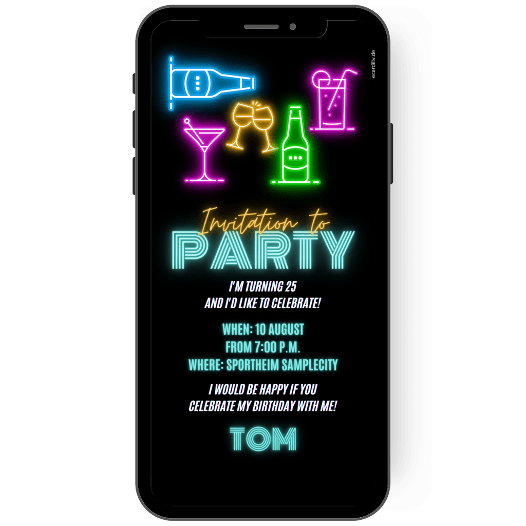 Great digital invitation card for WhatsApp in black with neon letters