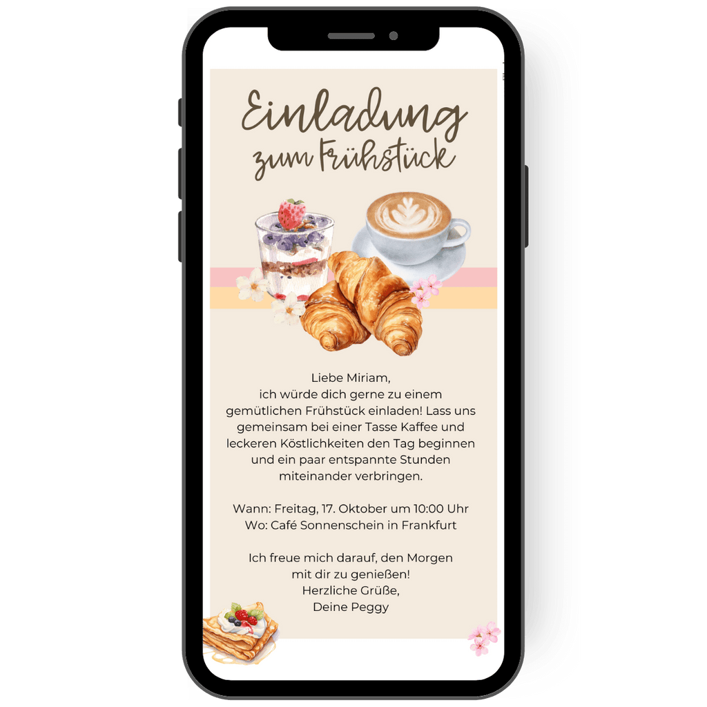 WhatsApp Einladung zum Frühstück mit Grafik Kaffee, Pastellfarben