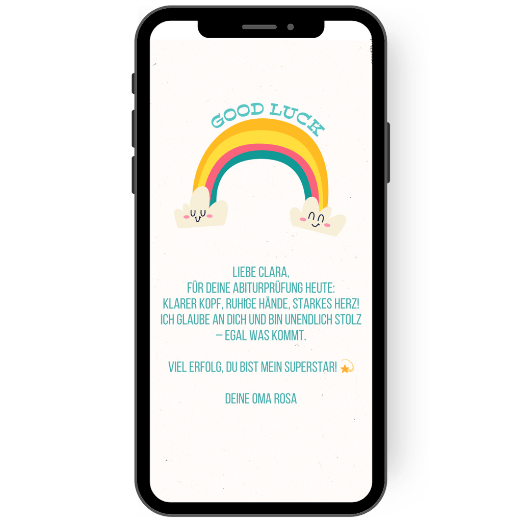 Tolle WhatsApp Glückwunschkarte zur Prüfung mit Regenbogen und einem Good Luck