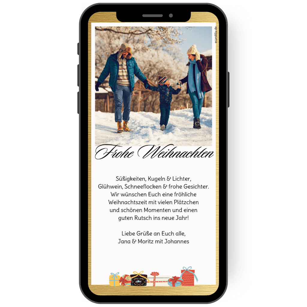 WhatsApp Weihnachtsgrüße als WhatsApp Karte in gold und kleinen Geschenken - individuell erstellbar mit Foto und Wunschtext