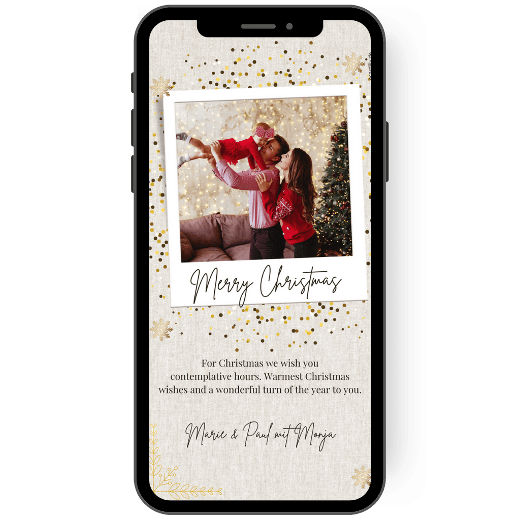 Great Christmas card with golden and white snowflakes and confetti dots. A personal photo can be added to the card and personalized with Christmas greetings. Subtle, modern whatsApp Christmas card. en