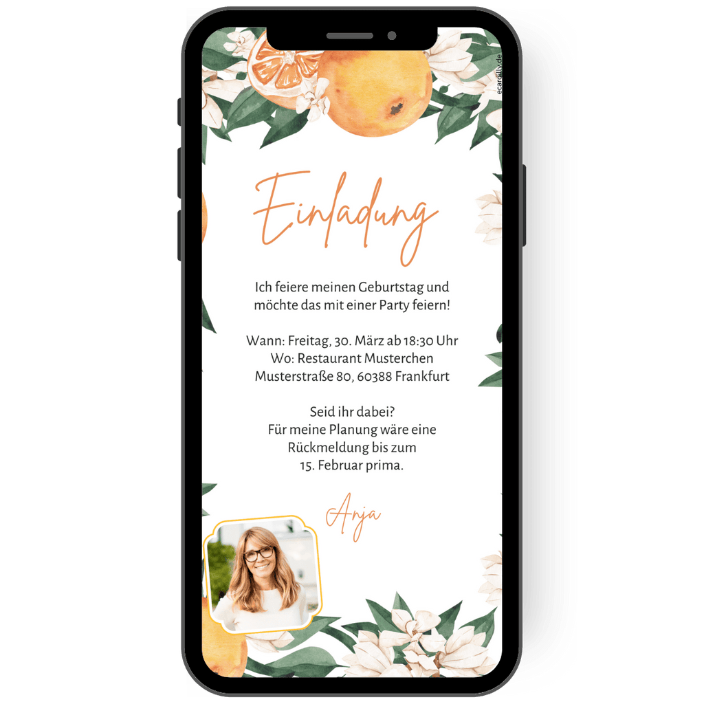 WhatsApp Einladungskarte mit Foto und Blueten und Orangen