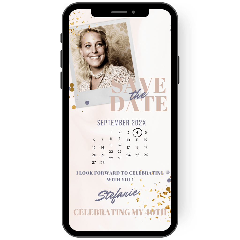 Digital save-the-date card to announce a birthday party. A personal photo of the birthday child and a framed day on the calendar page make it clear who is celebrating and when. This invitation card is designed in soft cream tones with some subtle gold confetti