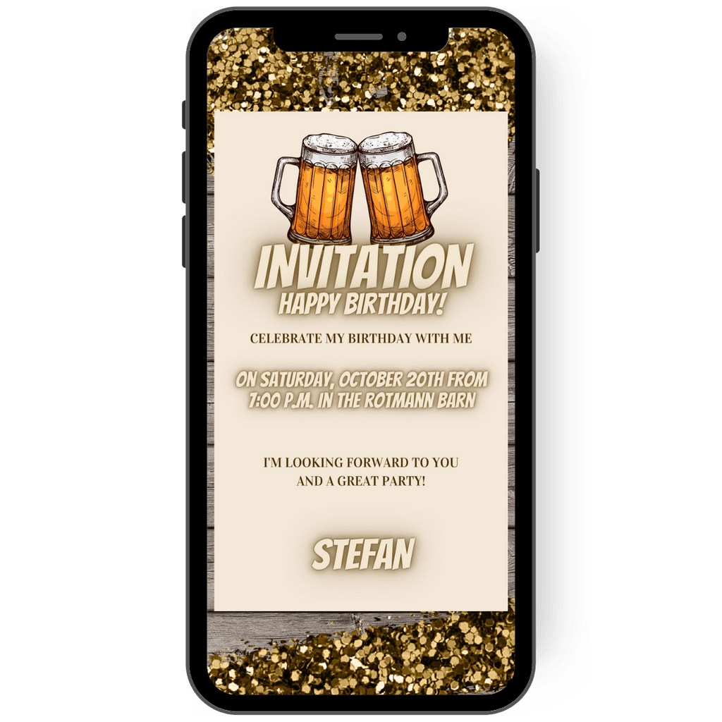 Rustic invitation for a birthday: a wooden table with a bit of glitter in the background and a bright window with two beer mugs symbolically clinking together. Underneath is the large lettering "Invitation" and the personal invitation text