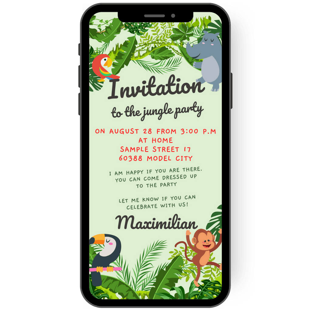 Great colorful invitation card for a children's birthday party with the theme wild animals and jungle