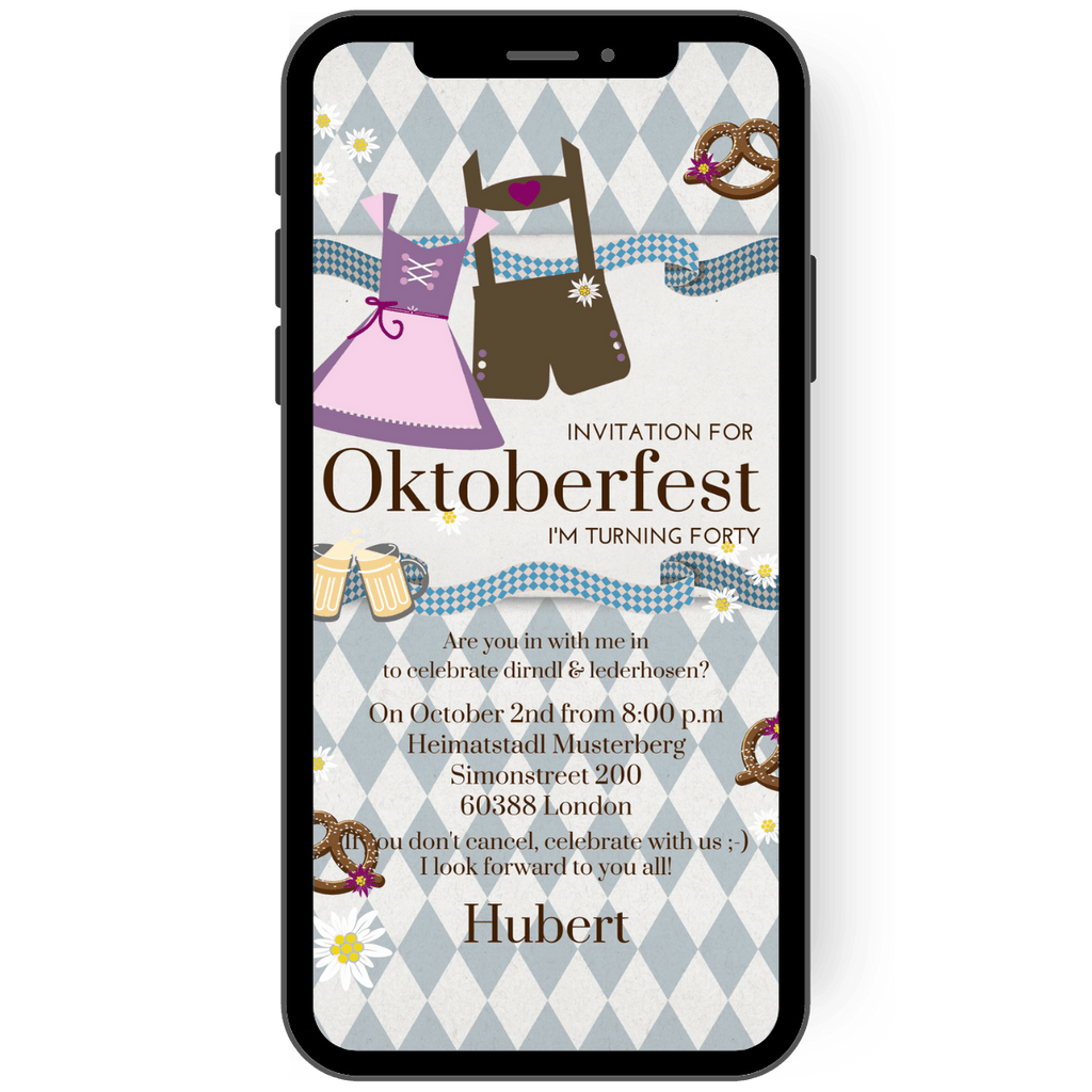 Invitation to the Oktoberfest with a dirndl and lederhosen on a blue and white diamond background as well as lots of pretzels, edelweiss and mugs of beer