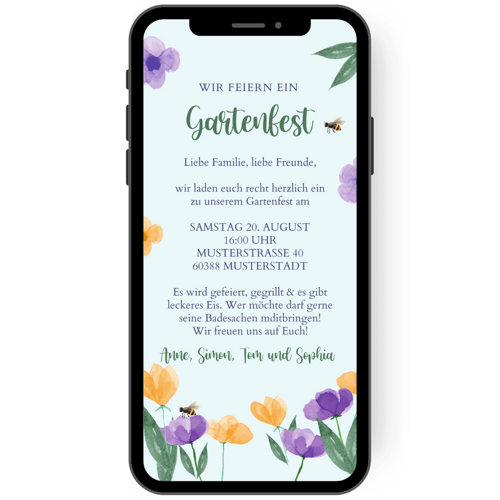 zartblaue Einladungskarte zu einem Gartenfest mit orangenen und lila Blüten, auf den zwei kleinen Bienchen sitzen. Digitaler Versand über das Handy.