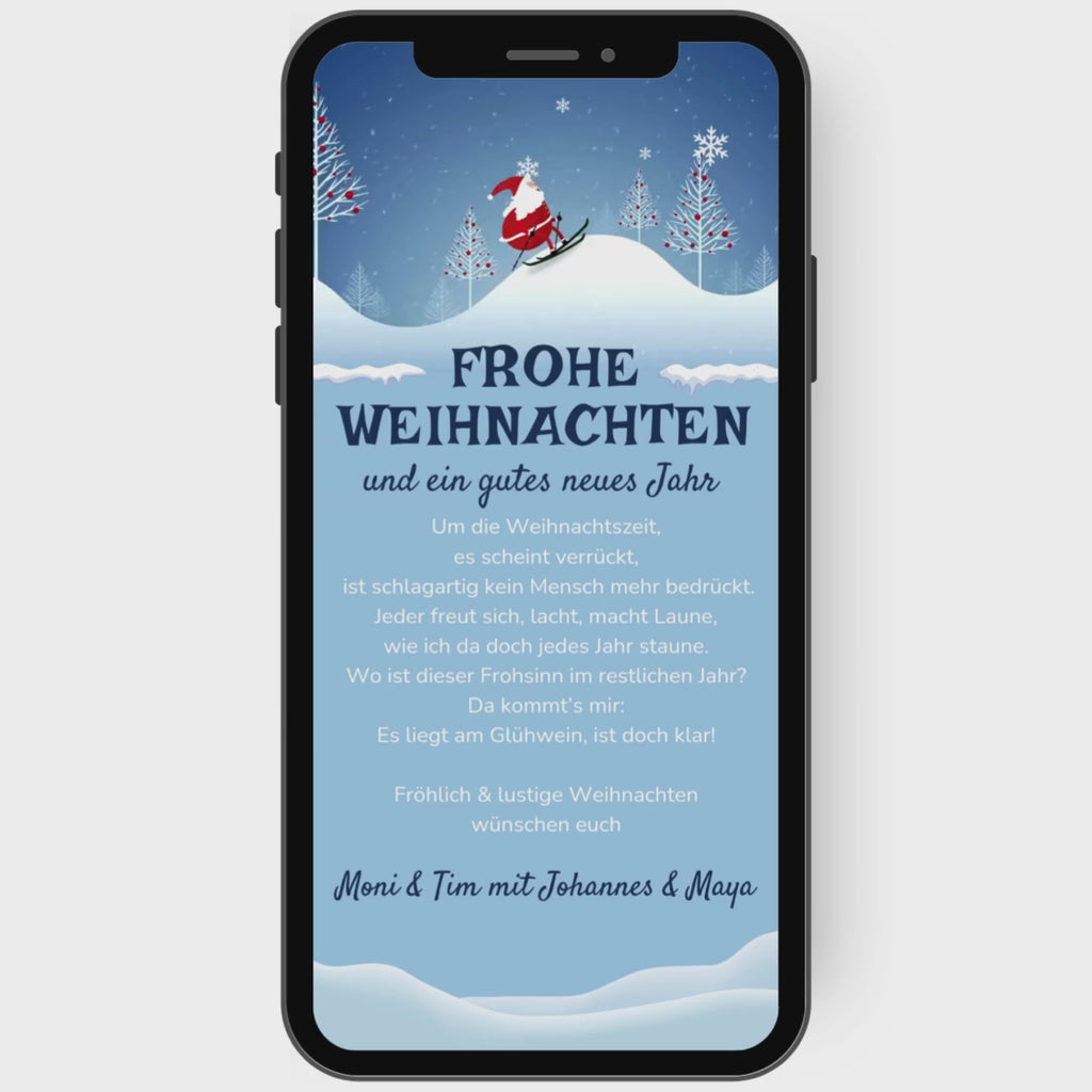 Kleiner Nikolaus der auf Skier über die Weihnachtskarte für WhatsApp düst.