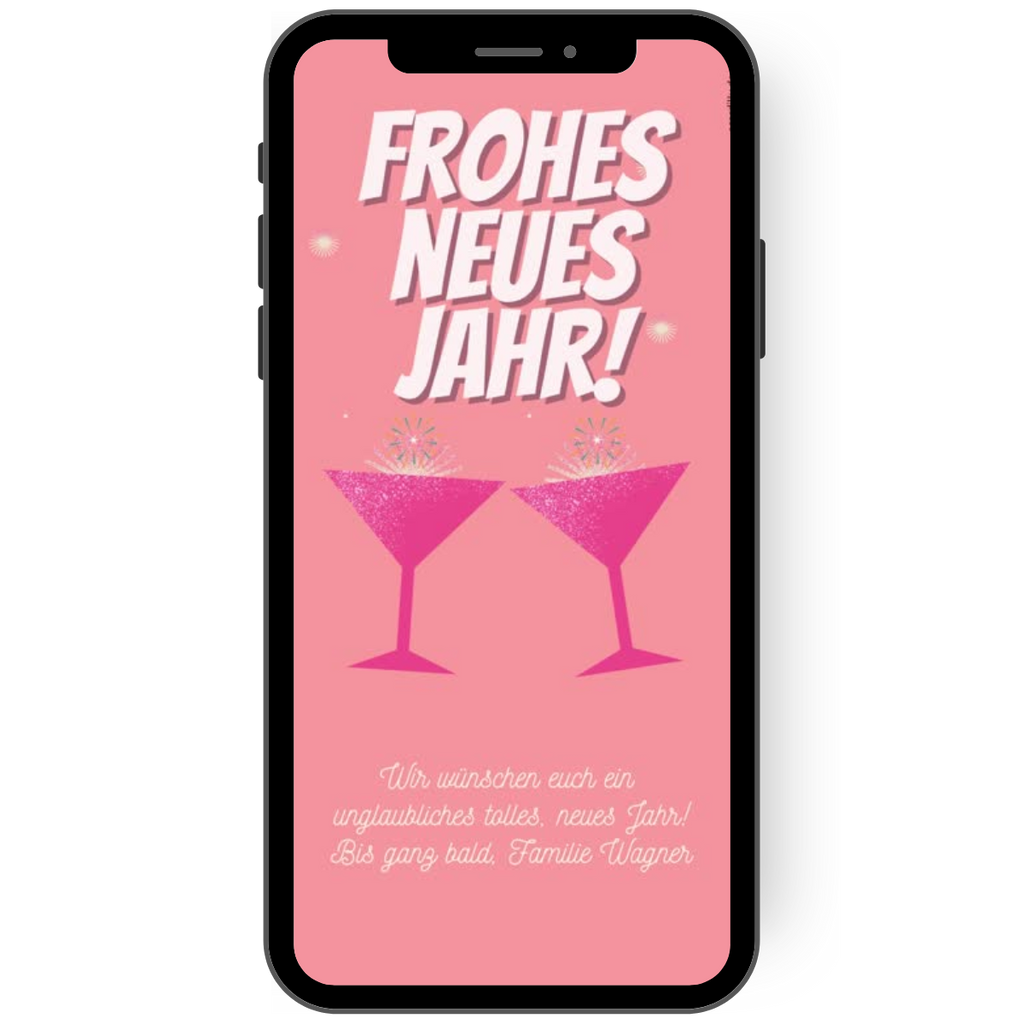 eCard mit Neujahrsgrüßen in Pink: Auf pinkem Hintergrund sind zwei Cocktailgläser, die miteinander anstoßen und beste Wünsche für ein frohes Neues Jahr platziert de