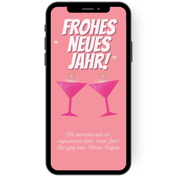 eCard mit Neujahrsgrüßen in Pink: Auf pinkem Hintergrund sind zwei Cocktailgläser, die miteinander anstoßen und beste Wünsche für ein frohes Neues Jahr platziert de