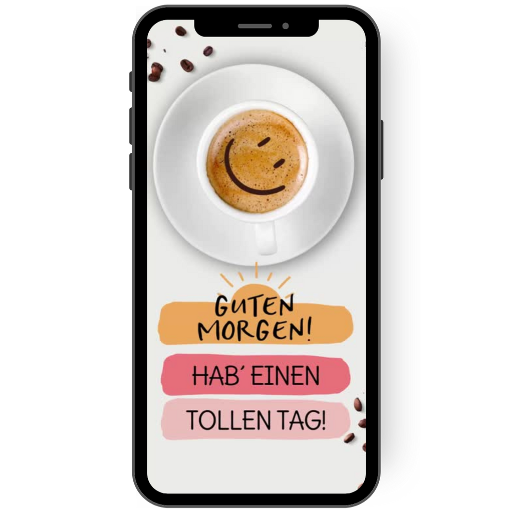 Tolle digitale Grußkarte Guten Morgen mit einer Kaffeetasche und einem Lächeln.