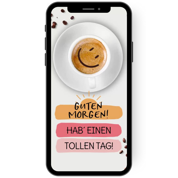 Tolle digitale Grußkarte Guten Morgen mit einer Kaffeetasche und einem Lächeln.