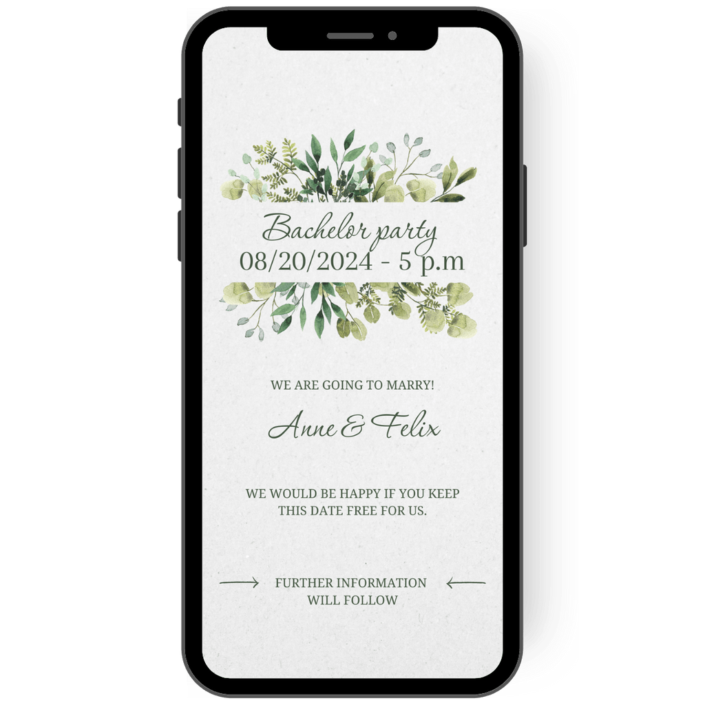 Save-the-date card for a wedding - or even for a birthday. Simple, natural card designed in greenery style with different green leaves. Digital dispatch via cell phone