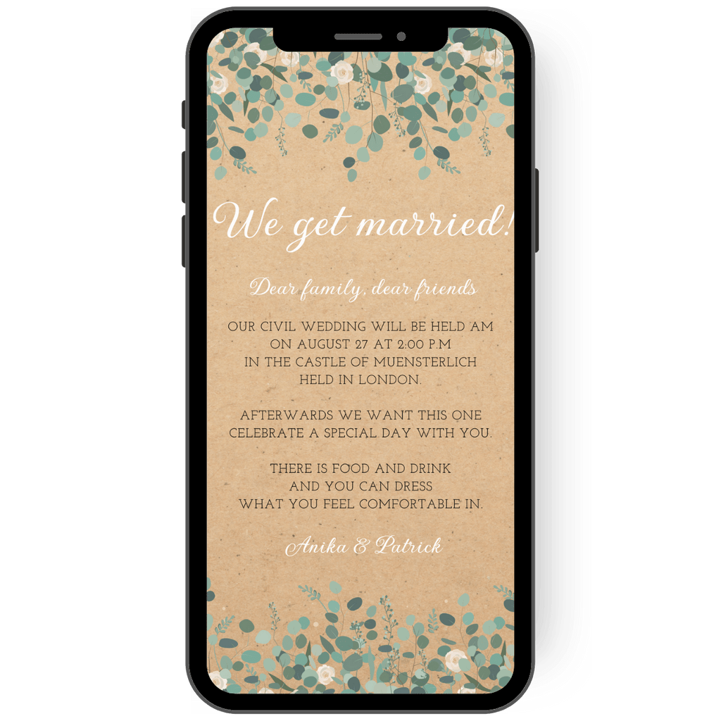 Digital save the date card for a wedding with a kraft paper look and green tendrils